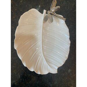Leaf Shaped 7" Trinket Tray or Small Serving Tray with Silver Plate Dragon Fly